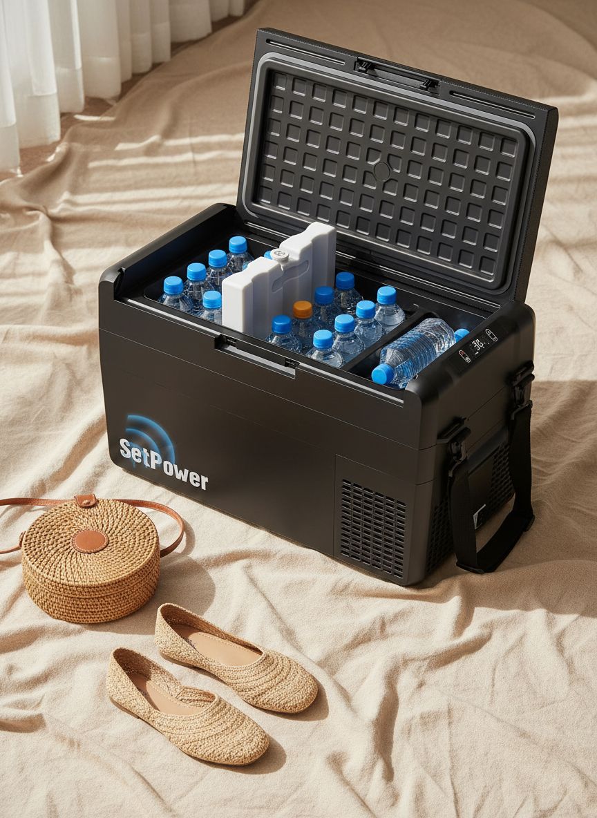 27-quart portable electric cooler in {color} with 12V DC power cord, showing insulated design for vehicle use — view 7a