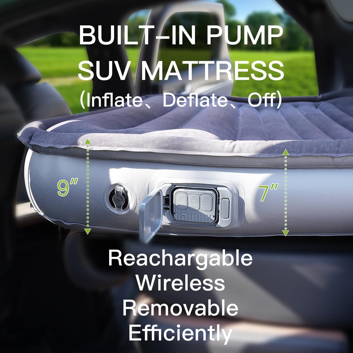 [Color] SUV air mattress with inflatable sidewalls and removable wings, featuring built-in wireless pump for [vehicle type] — view 2