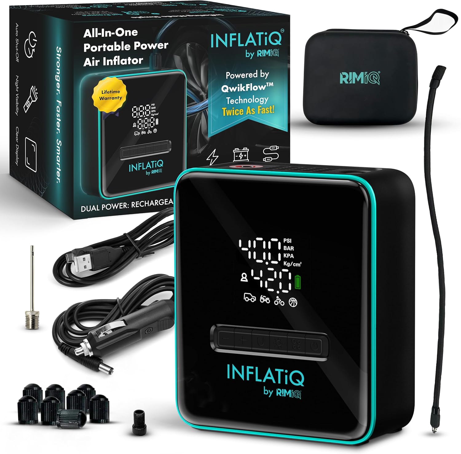 {color} rechargeable portable tire inflator with auto shut-off feature and metal components, shown with carry case โ view 1