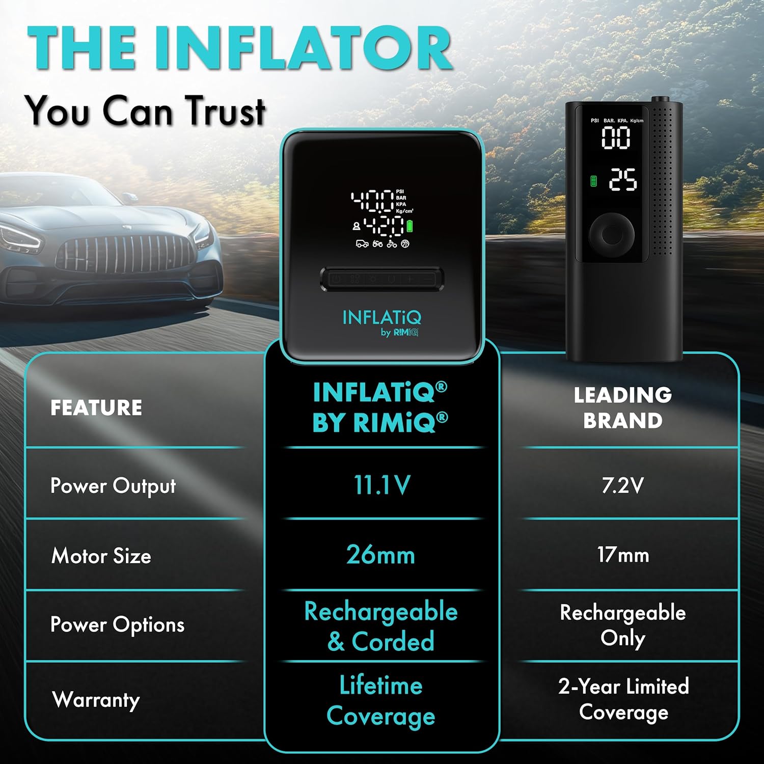 {color} rechargeable portable tire inflator with auto shut-off feature and metal components, shown with carry case โ view 2