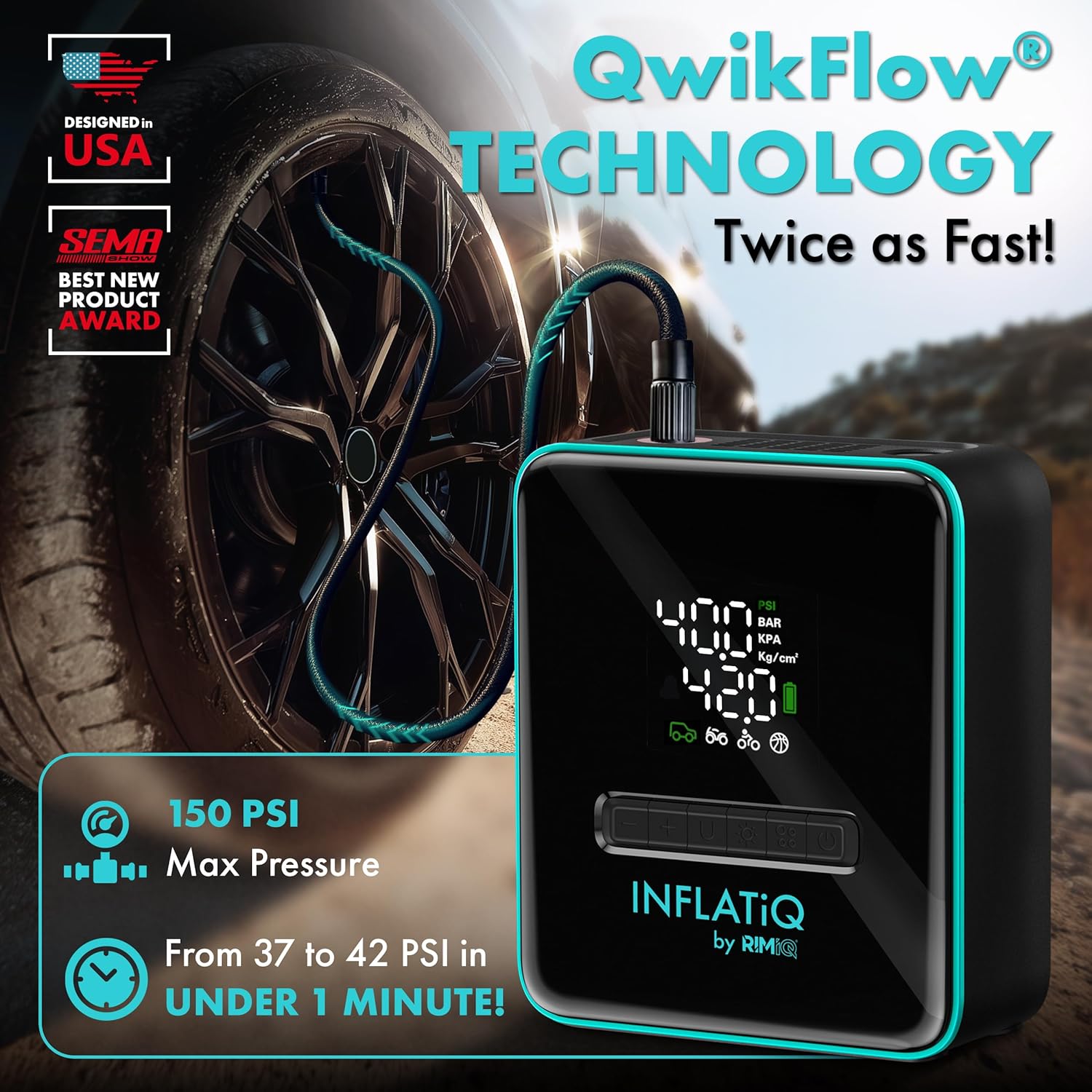 {color} rechargeable portable tire inflator with auto shut-off feature and metal components, shown with carry case โ view 3