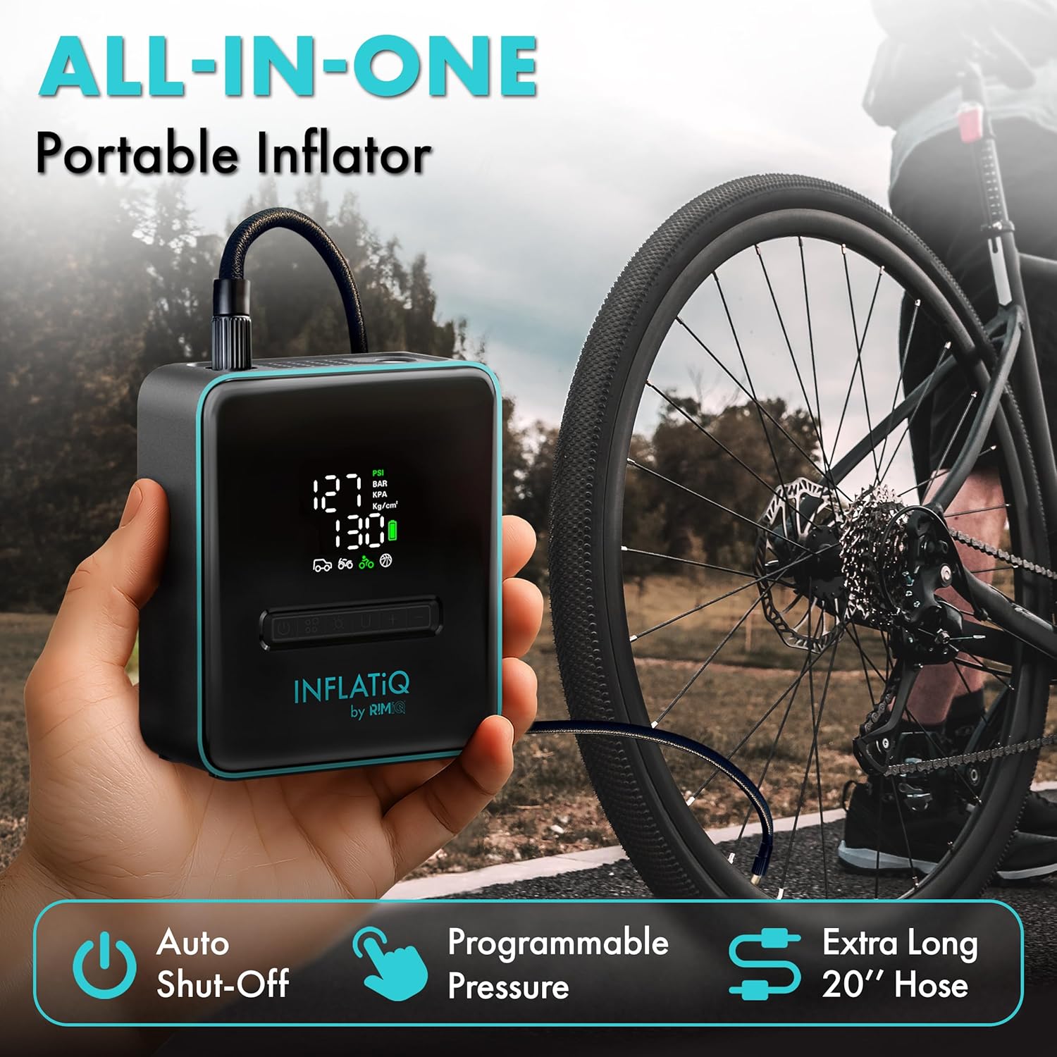 {color} rechargeable portable tire inflator with auto shut-off feature and metal components, shown with carry case โ view 4