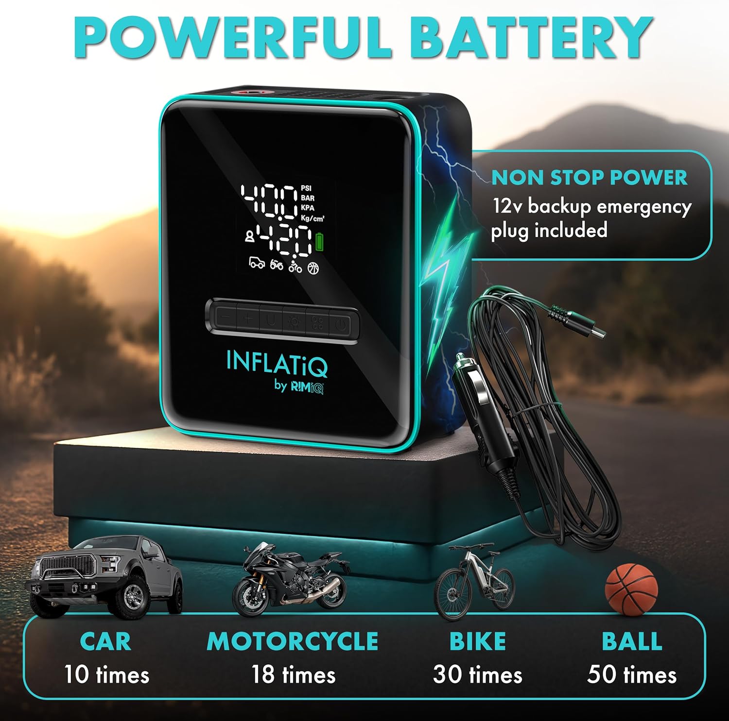 {color} rechargeable portable tire inflator with auto shut-off feature and metal components, shown with carry case โ view 2