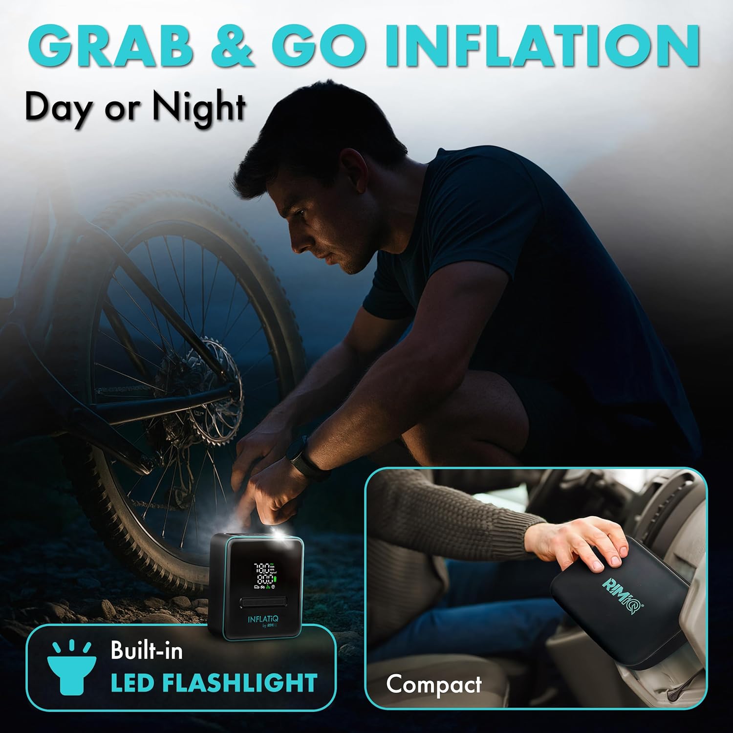 {color} rechargeable portable tire inflator with auto shut-off feature and metal components, shown with carry case โ view 5