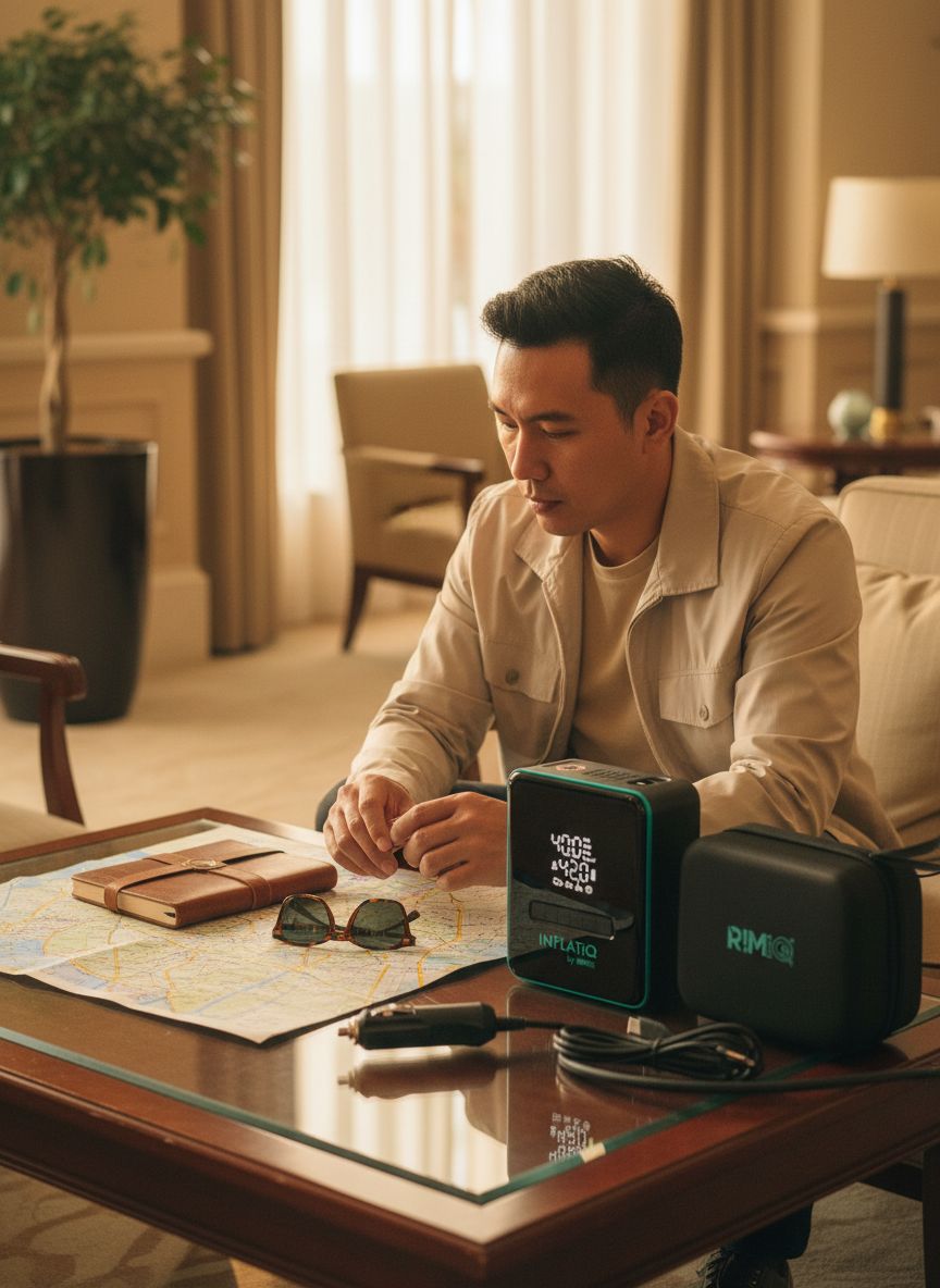 {color} rechargeable portable tire inflator with auto shut-off feature and metal components, shown with carry case โ view 2