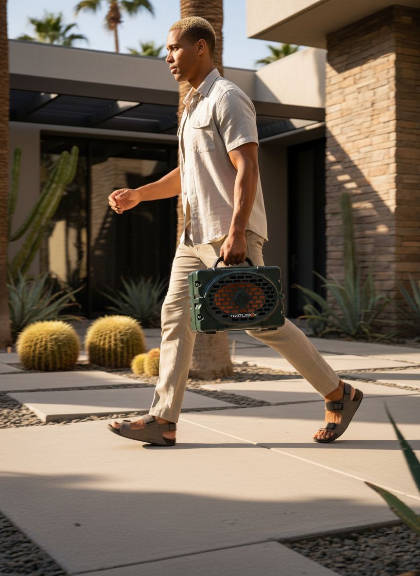 Rugged [color] waterproof Bluetooth speaker with impact-resistant polymer composite design, shown in outdoor setting — view 3a