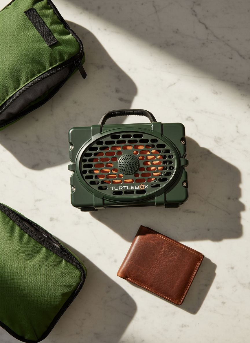 Rugged [color] waterproof Bluetooth speaker with impact-resistant polymer composite design, shown in outdoor setting — view 7a