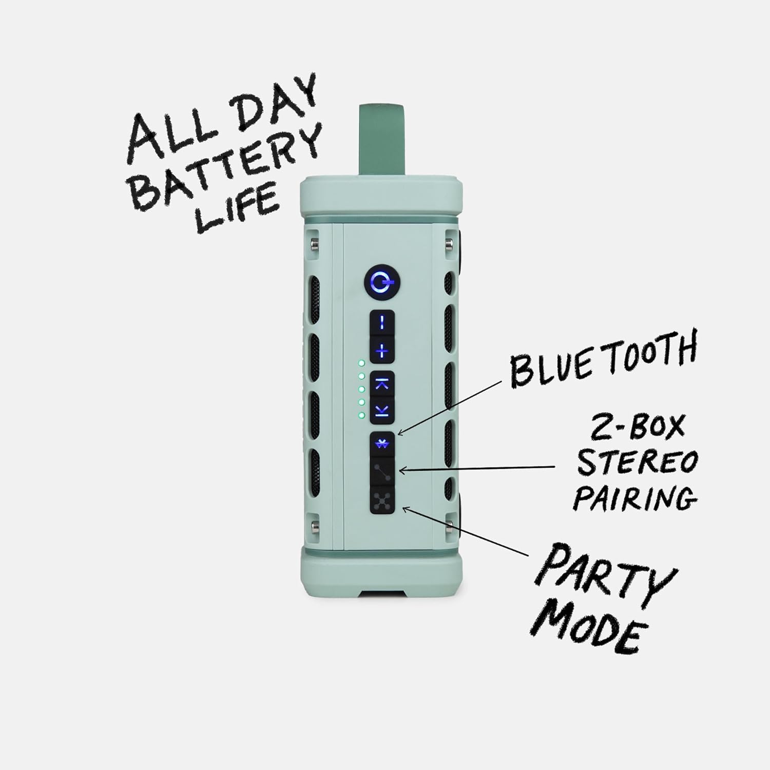 {{color}} rugged portable Bluetooth speaker with waterproof and shockproof design, shown in outdoor adventure setting โ view 3