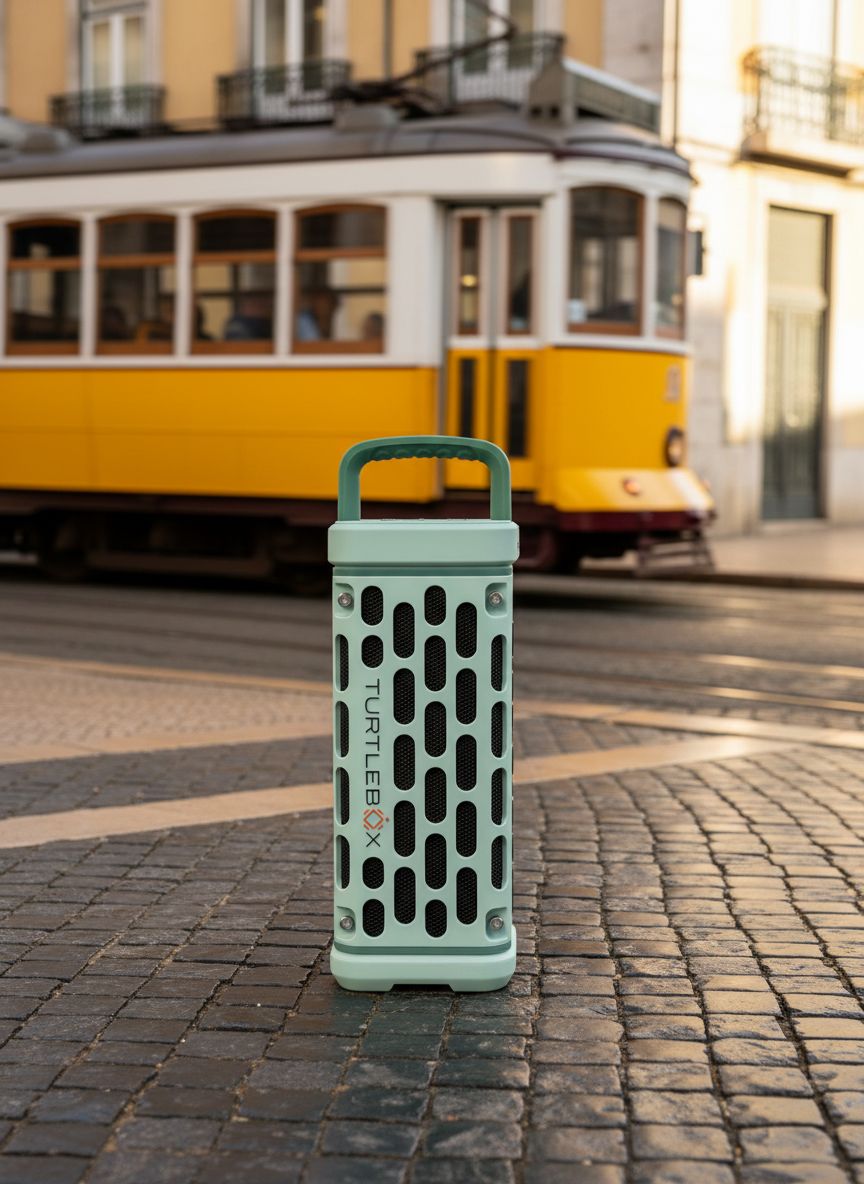 {{color}} rugged portable Bluetooth speaker with waterproof and shockproof design, shown in outdoor adventure setting — view 3