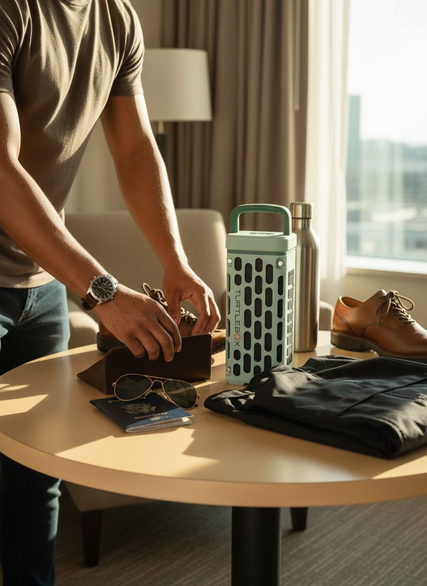 {{color}} rugged portable Bluetooth speaker with waterproof and shockproof design, shown in outdoor adventure setting — view 5a