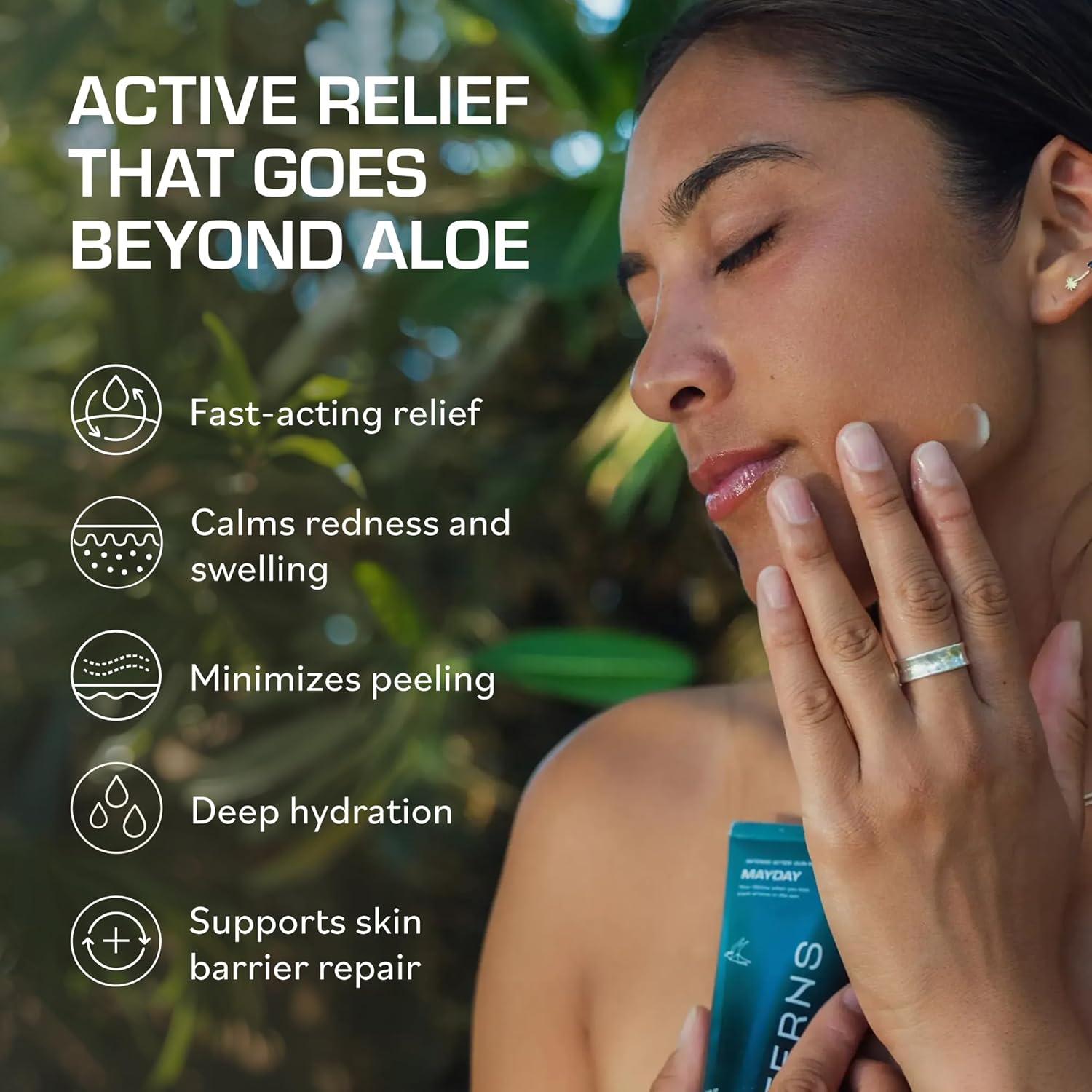 Cooling after-sun gel cream in clear travel bottle, marine bioactive formula with niacinamide and aloe for sunburn relief โ detail
