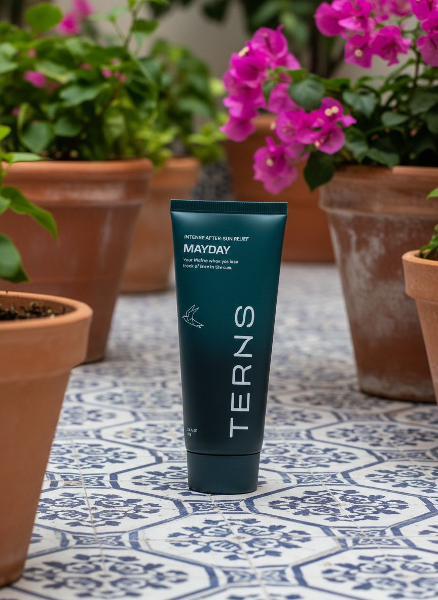 Cooling after-sun gel cream in clear travel bottle, marine bioactive formula with niacinamide and aloe for sunburn relief โ view 1