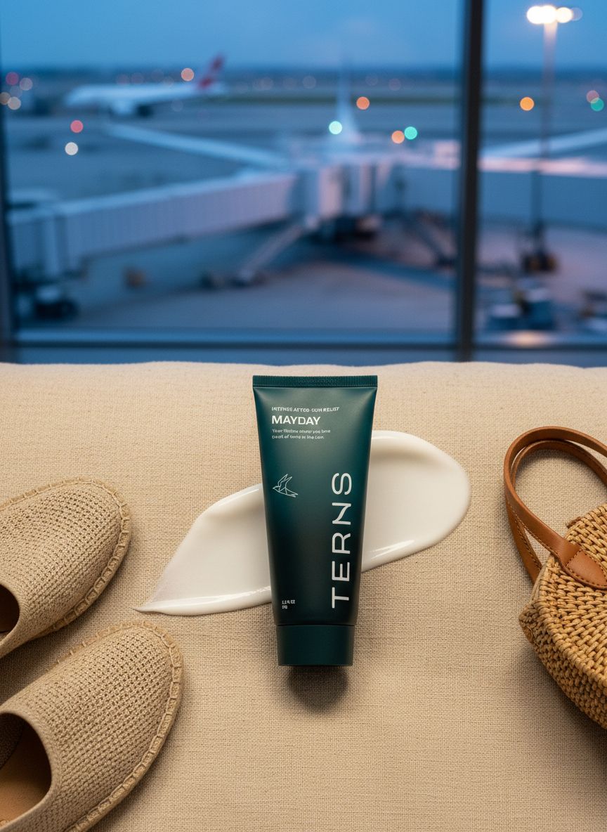 Cooling after-sun gel cream in clear travel bottle, marine bioactive formula with niacinamide and aloe for sunburn relief โ view 7a