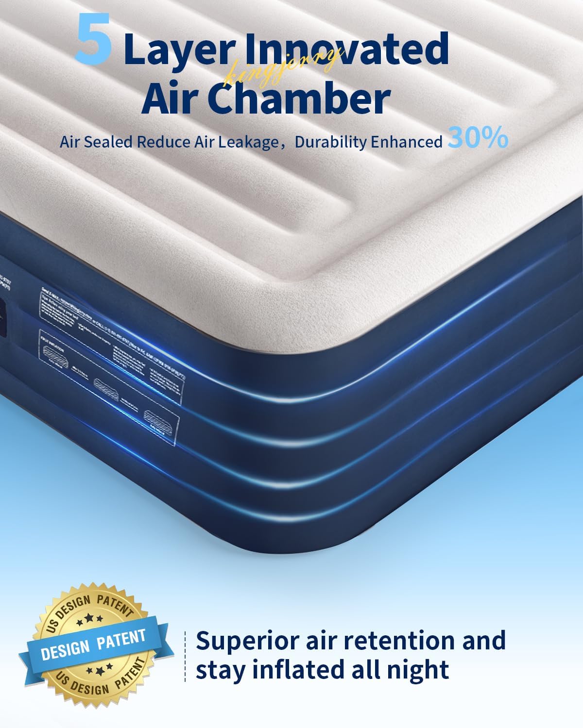 [Color] queen-size air mattress with integrated pump and raised design, showing 5-layer air chamber construction for camping and guest sleeping — view 2