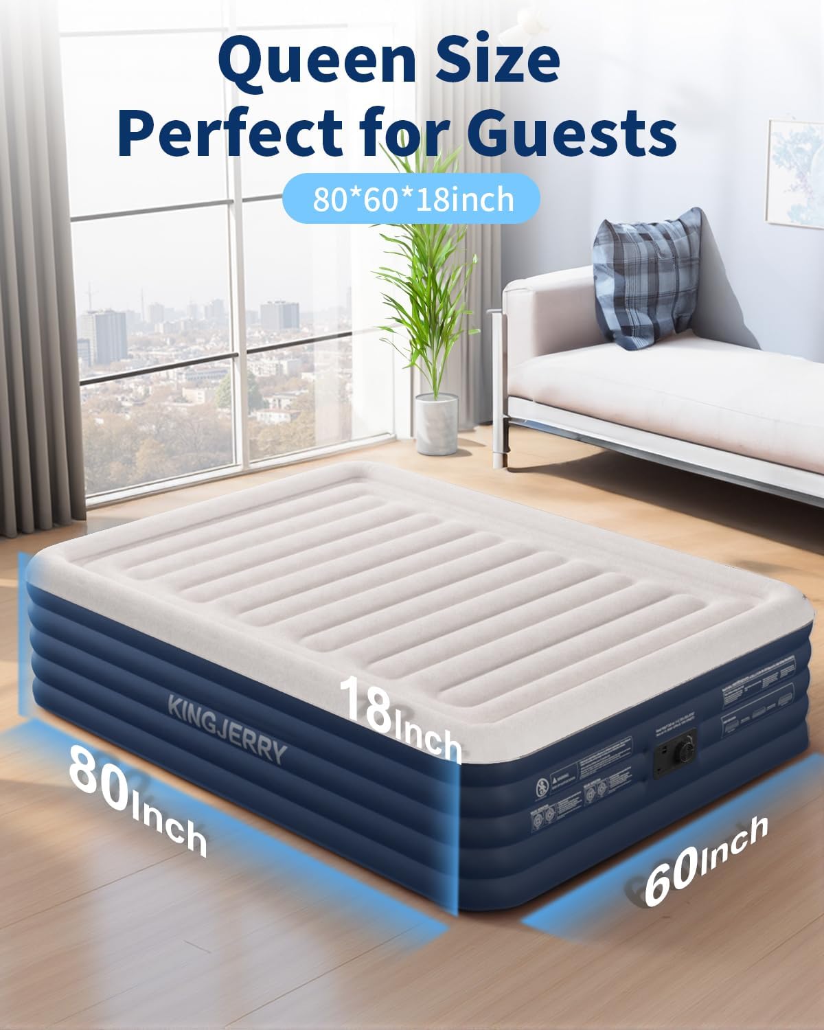 [Color] queen-size air mattress with integrated pump and raised design, showing 5-layer air chamber construction for camping and guest sleeping — view 3