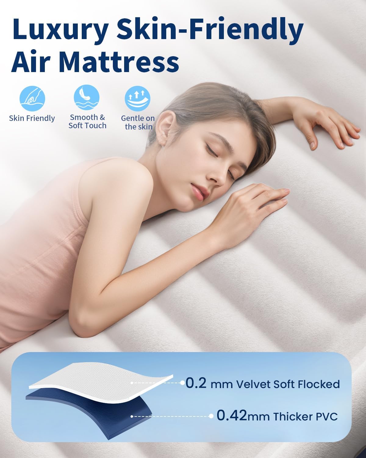 [Color] queen-size air mattress with integrated pump and raised design, showing 5-layer air chamber construction for camping and guest sleeping — view 4