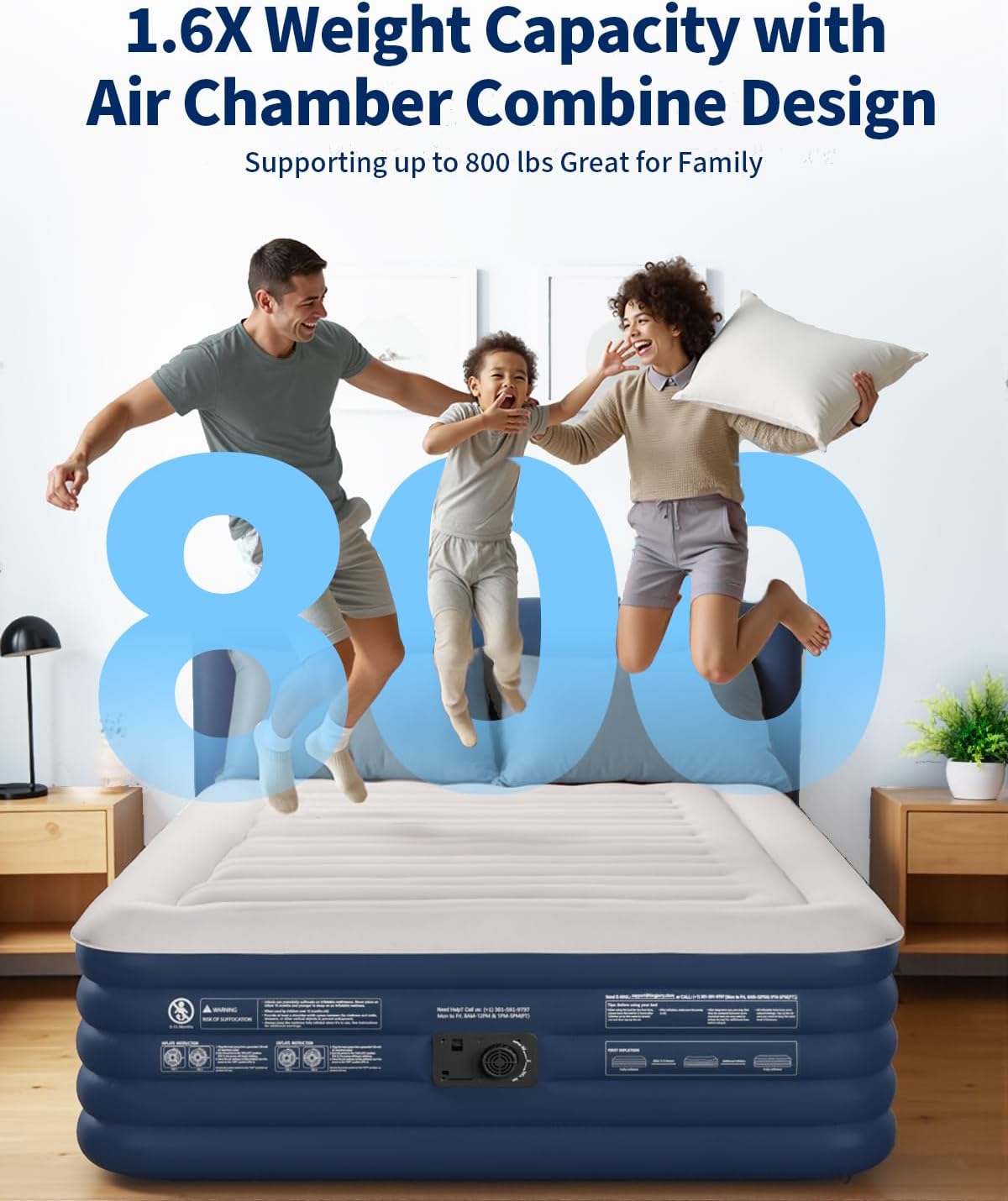 [Color] queen-size air mattress with integrated pump and raised design, showing 5-layer air chamber construction for camping and guest sleeping — view 2