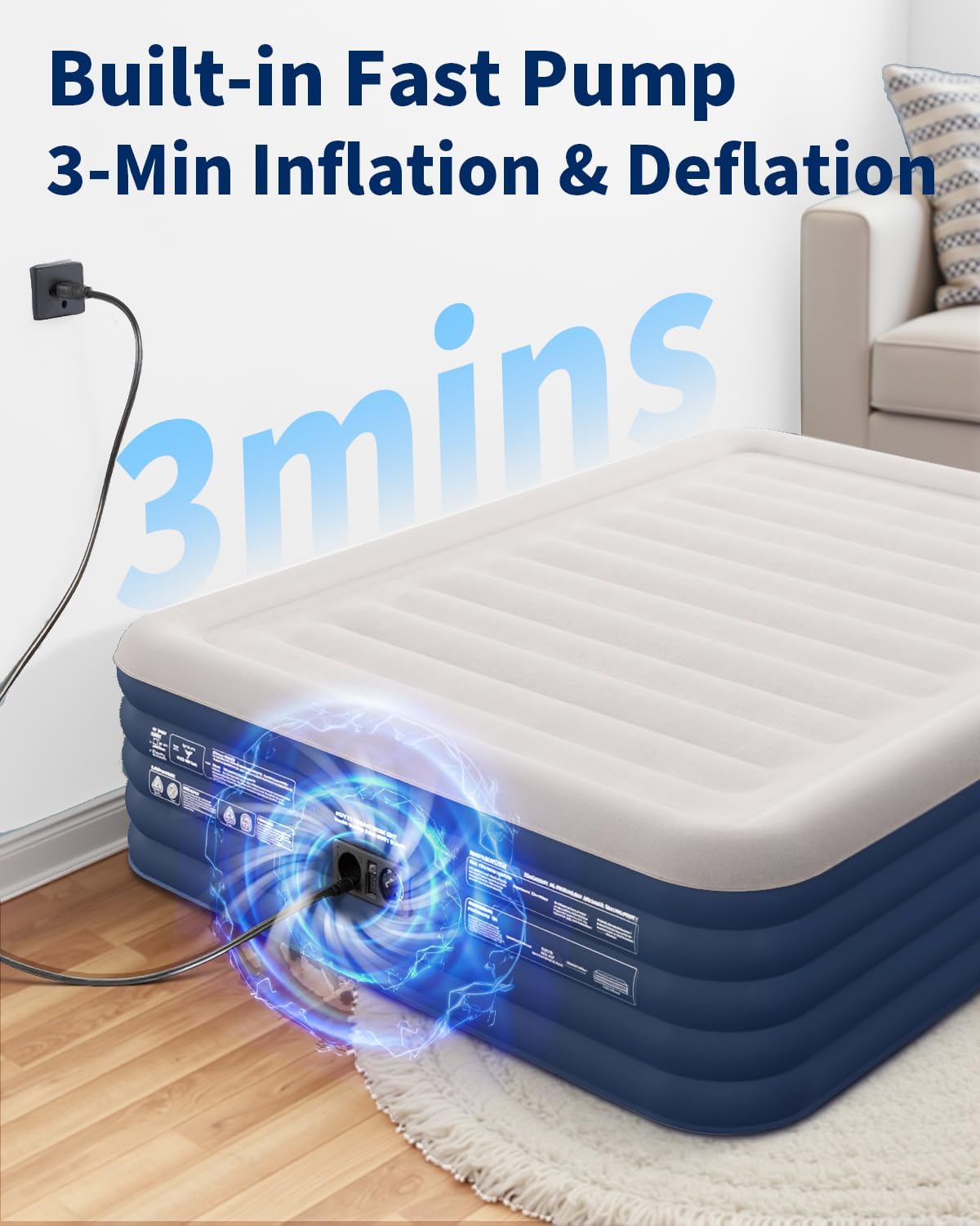 [Color] queen-size air mattress with integrated pump and raised design, showing 5-layer air chamber construction for camping and guest sleeping — view 4