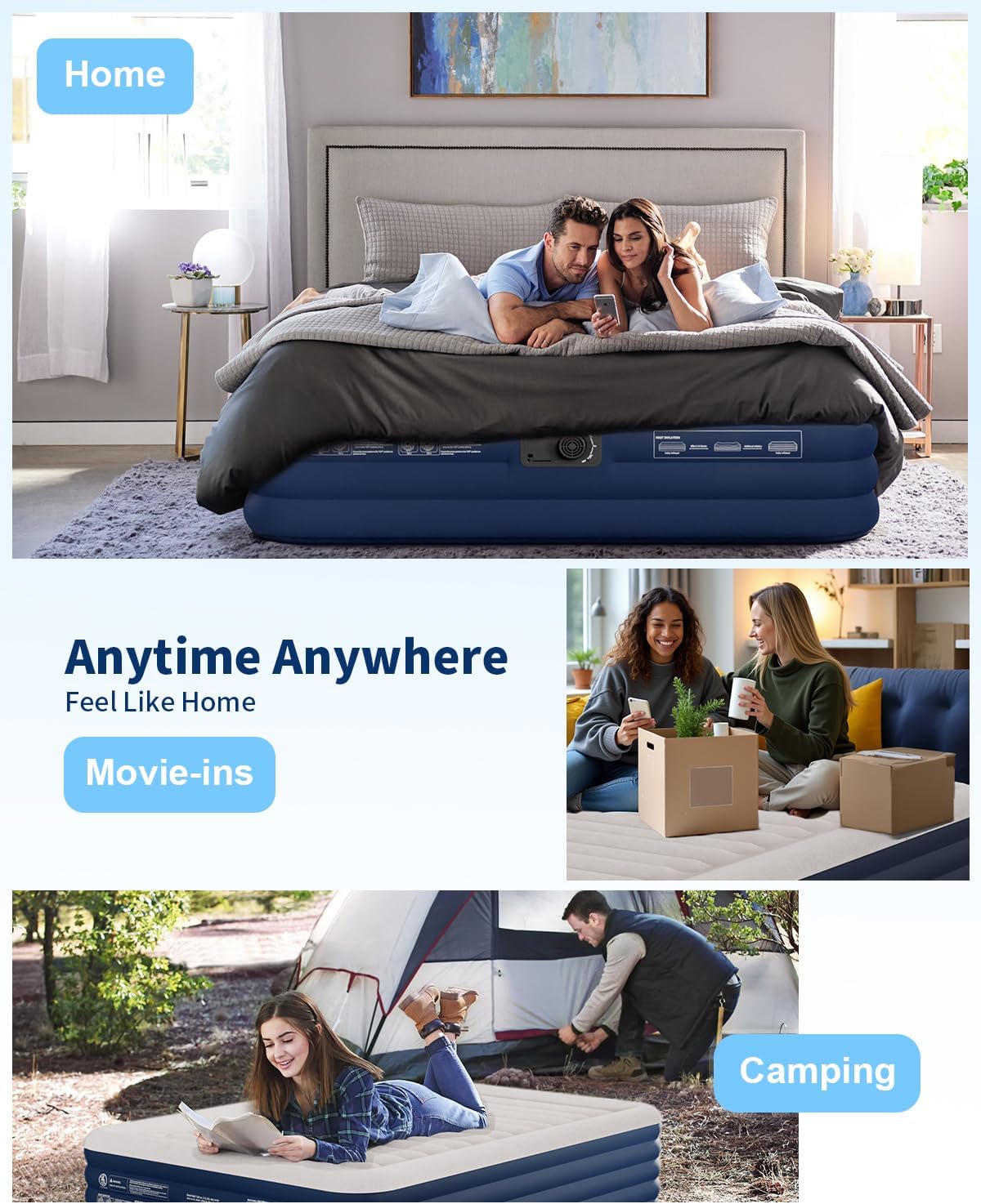 [Color] queen-size air mattress with integrated pump and raised design, showing 5-layer air chamber construction for camping and guest sleeping — view 5