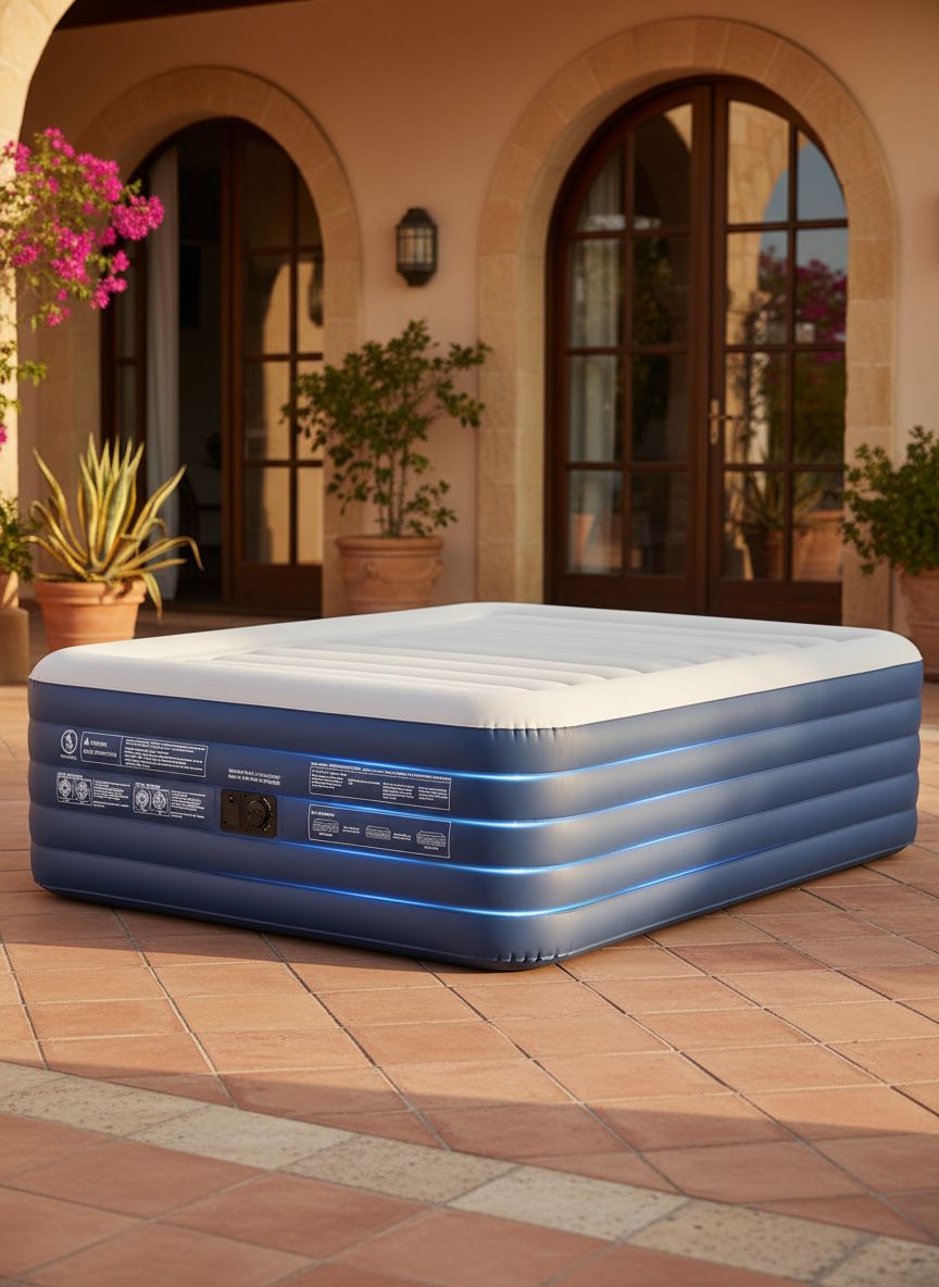 [Color] queen-size air mattress with integrated pump and raised design, showing 5-layer air chamber construction for camping and guest sleeping — view 1