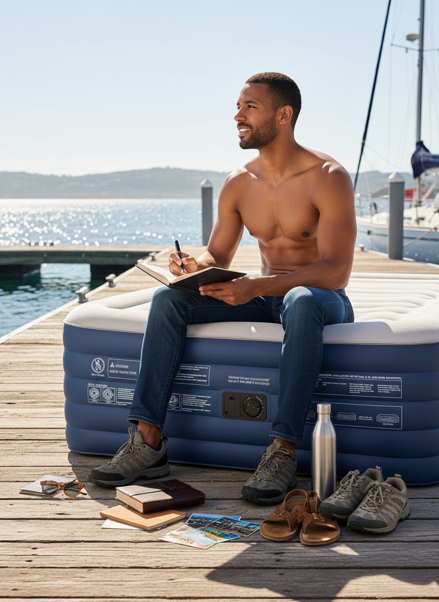 [Color] queen-size air mattress with integrated pump and raised design, showing 5-layer air chamber construction for camping and guest sleeping — view 5a