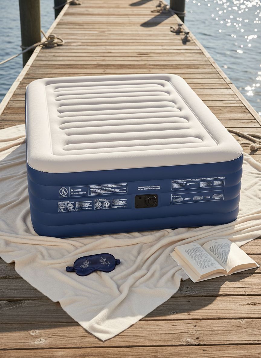 [Color] queen-size air mattress with integrated pump and raised design, showing 5-layer air chamber construction for camping and guest sleeping — view 7a