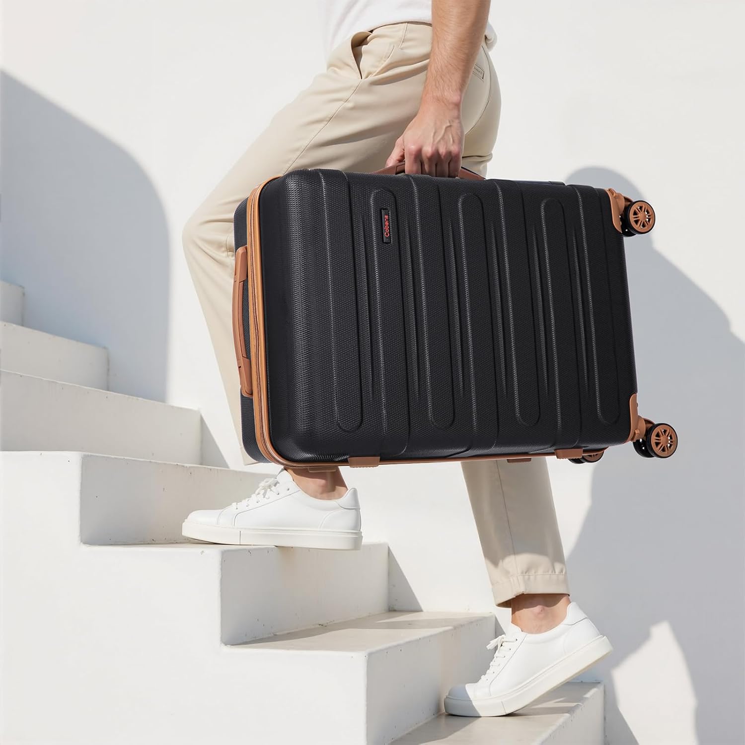 [Color] hardshell suitcase from 5-piece luggage set showing spinner wheels and TSA lock — view 5