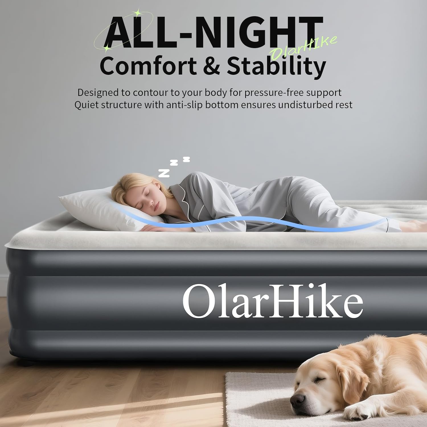 Queen-size gray PVC air mattress with integrated electric pump, inflated and ready for use — view 2