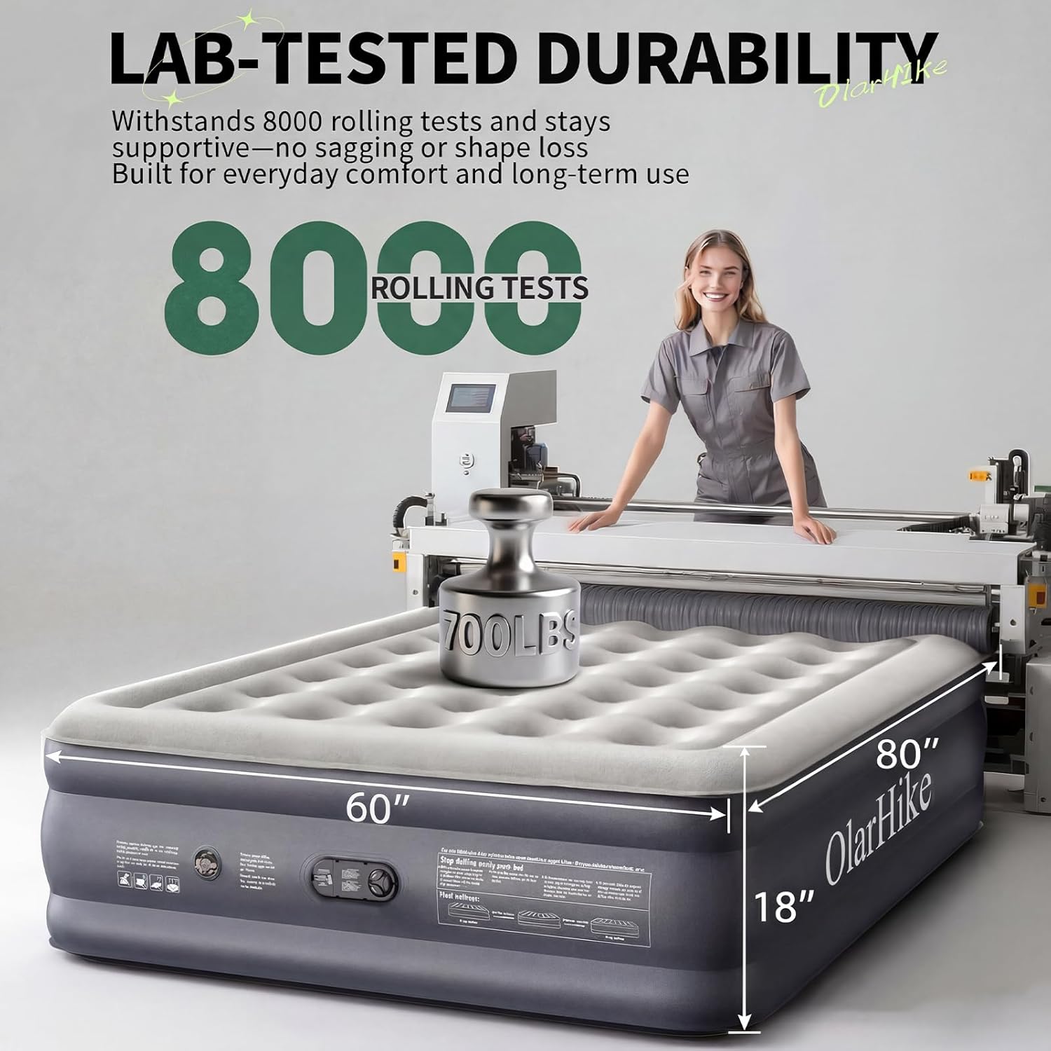 Queen-size gray PVC air mattress with integrated electric pump, inflated and ready for use — view 3