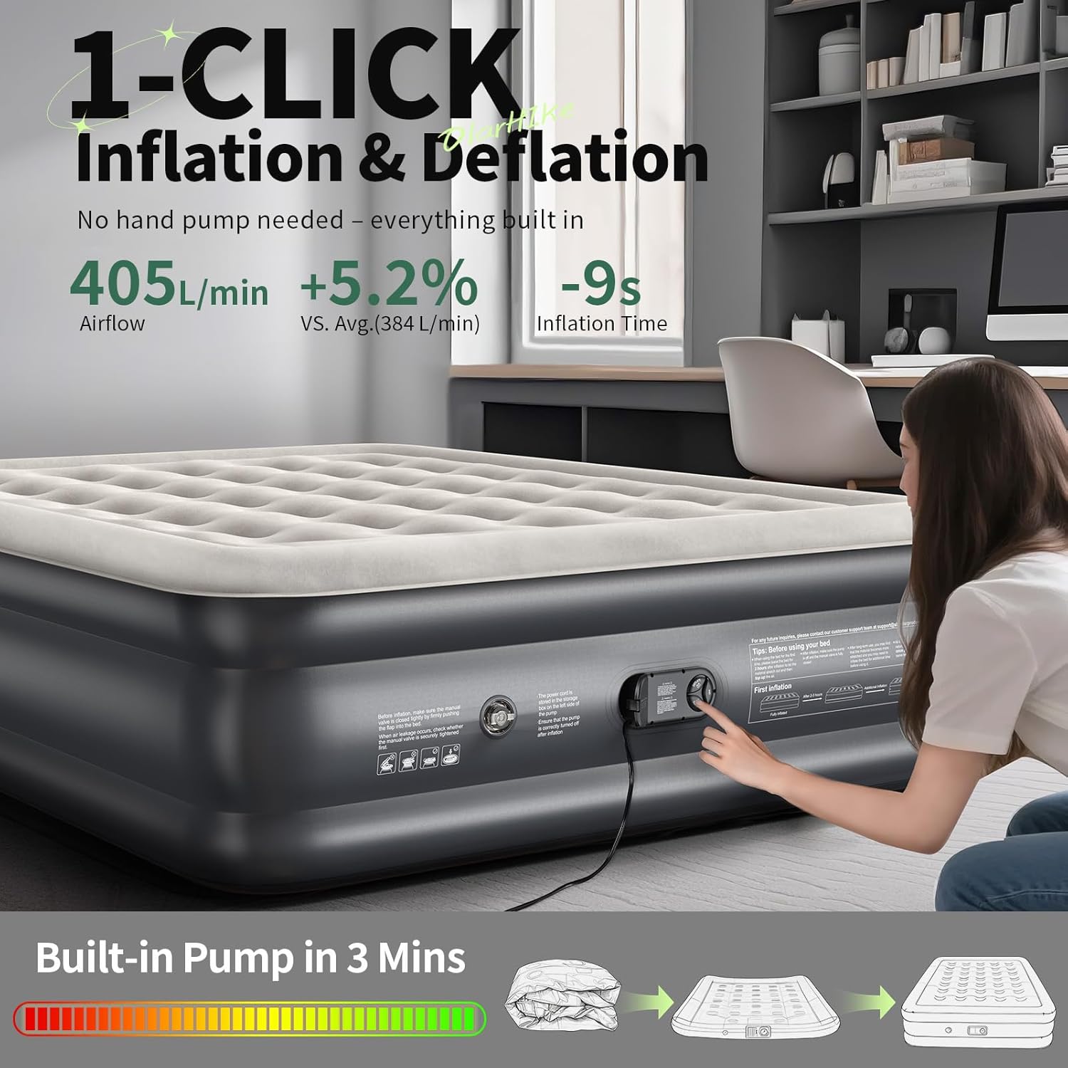 Queen-size gray PVC air mattress with integrated electric pump, inflated and ready for use — view 4