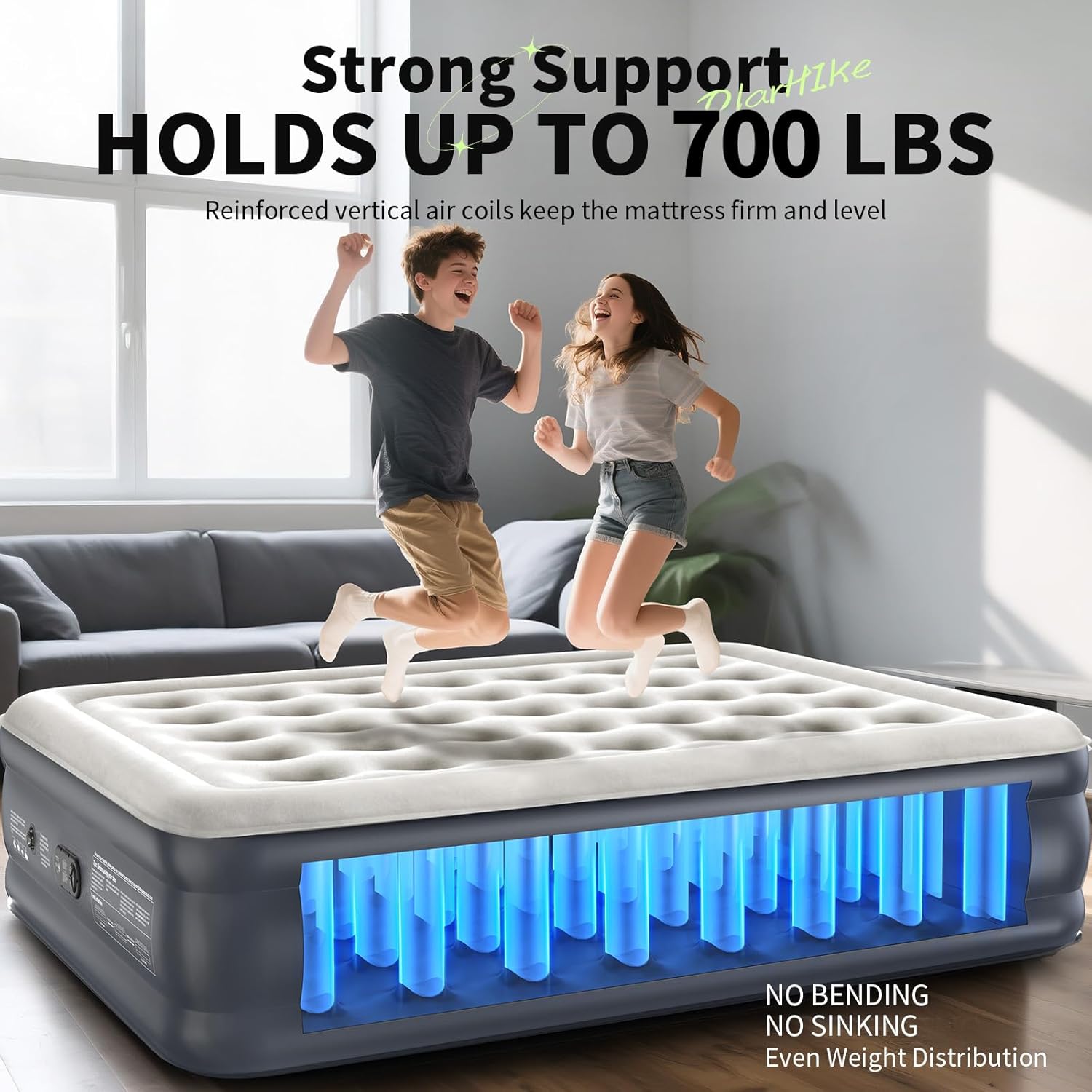 Queen-size gray PVC air mattress with integrated electric pump, inflated and ready for use — view 2