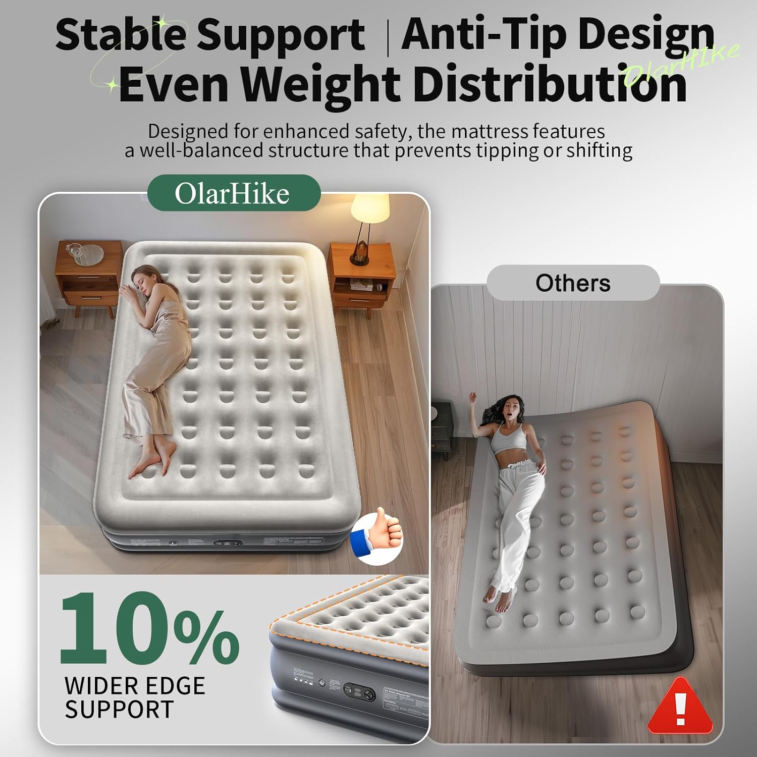Queen-size gray PVC air mattress with integrated electric pump, inflated and ready for use — view 3