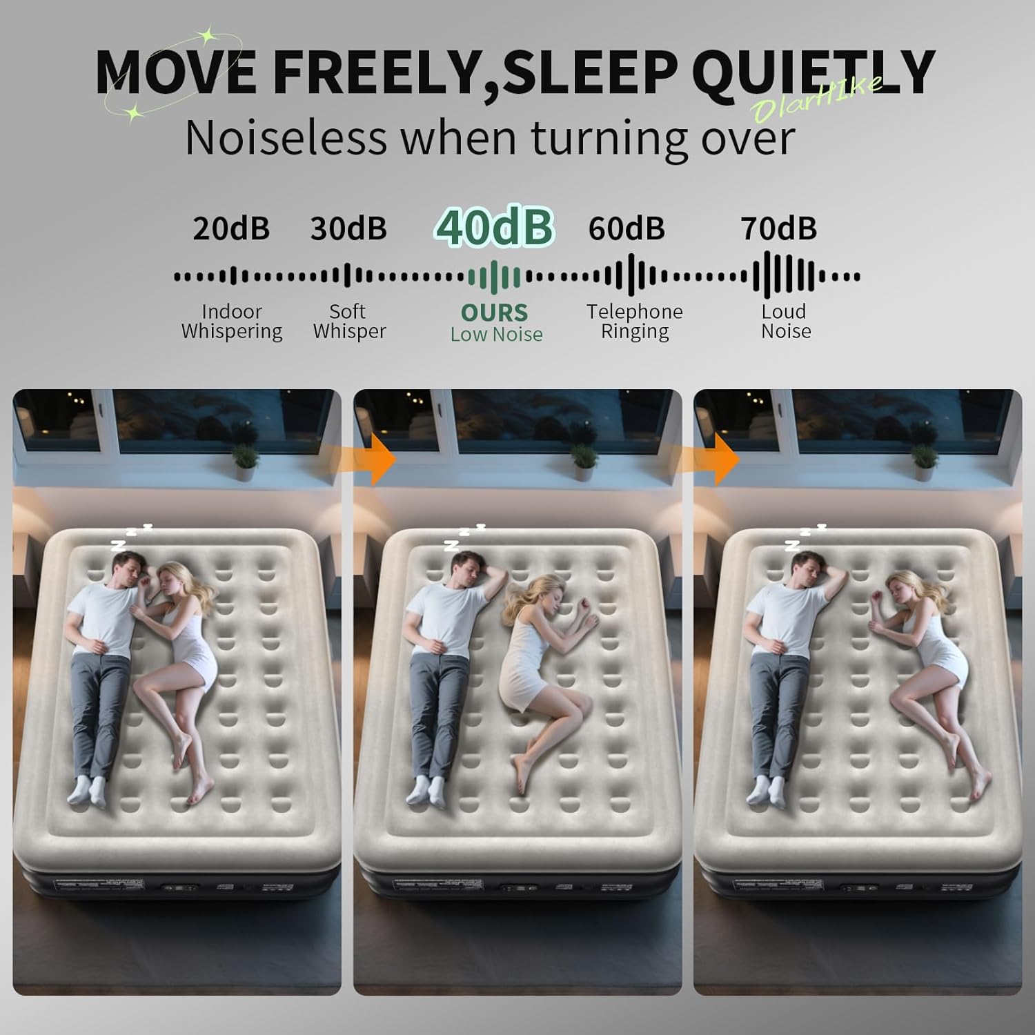 Queen-size gray PVC air mattress with integrated electric pump, inflated and ready for use — view 4