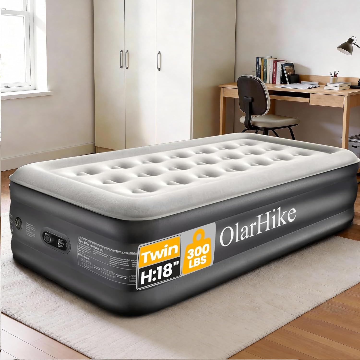 Queen-size gray PVC air mattress with integrated electric pump, inflated and ready for use — view 5
