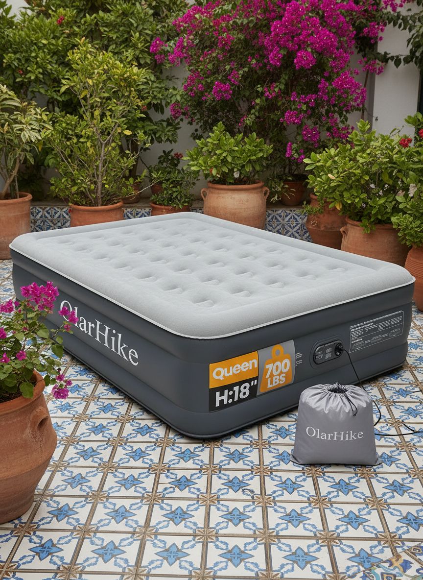 Queen-size gray PVC air mattress with integrated electric pump, inflated and ready for use โ view 1