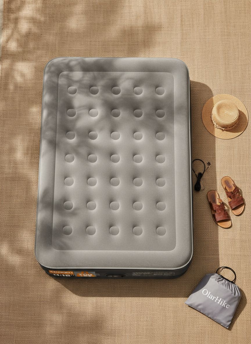 Queen-size gray PVC air mattress with integrated electric pump, inflated and ready for use โ view 7a