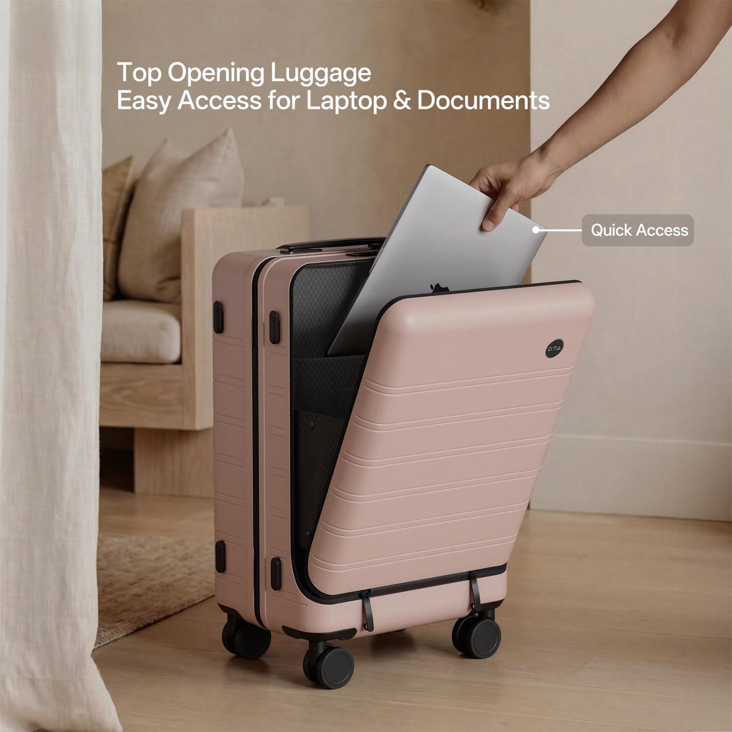 Pink polycarbonate hard shell carry-on suitcase with TSA lock and 360-degree spinner wheels, top-opening design for business travel — view 2