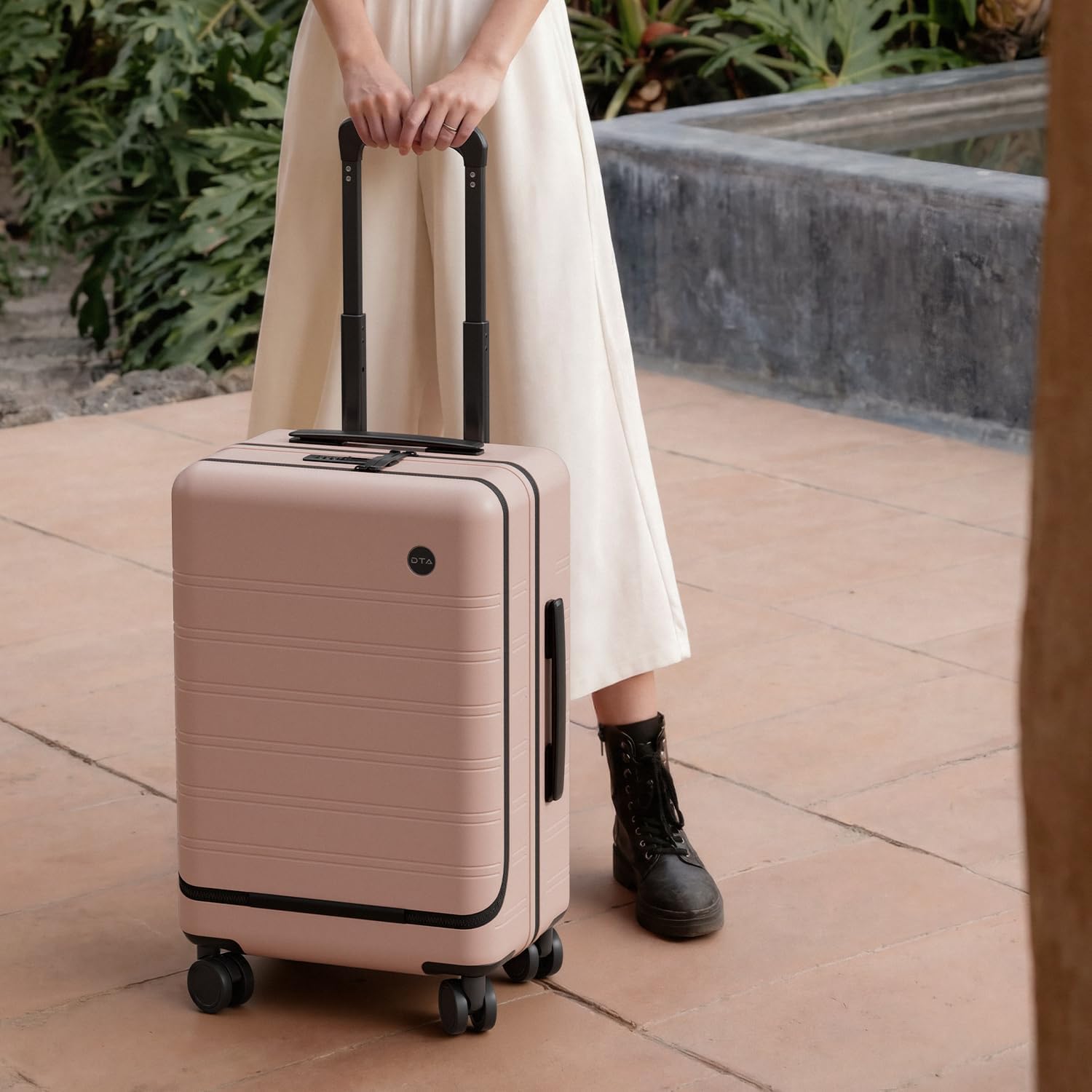 Pink polycarbonate hard shell carry-on suitcase with TSA lock and 360-degree spinner wheels, top-opening design for business travel — view 3