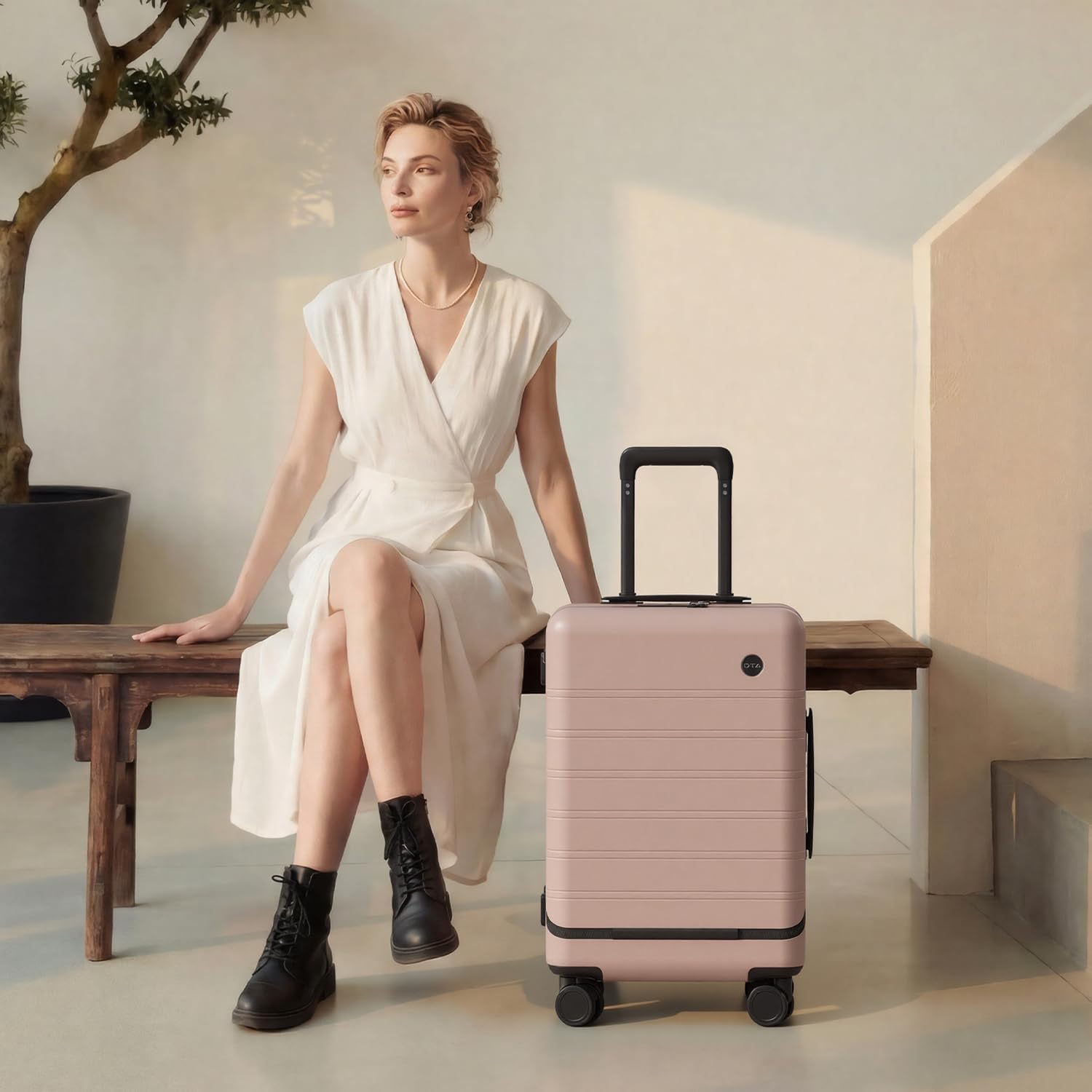 Pink polycarbonate hard shell carry-on suitcase with TSA lock and 360-degree spinner wheels, top-opening design for business travel — view 4