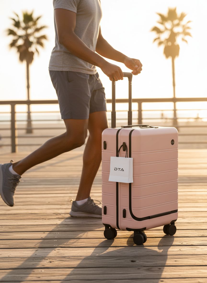 Pink polycarbonate hard shell carry-on suitcase with TSA lock and 360-degree spinner wheels, top-opening design for business travel — view 3a