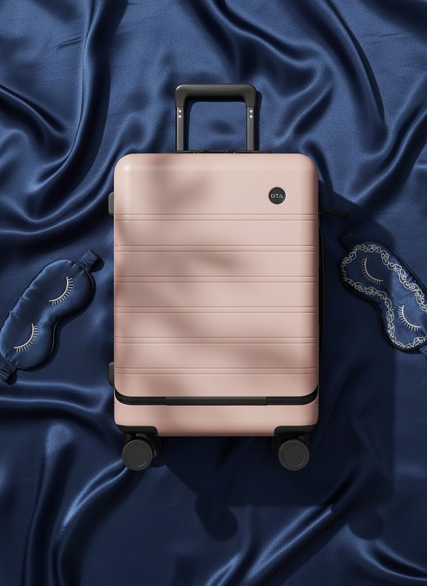 Pink polycarbonate hard shell carry-on suitcase with TSA lock and 360-degree spinner wheels, top-opening design for business travel — view 7a