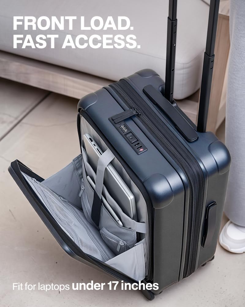 [Color] expandable hardshell carry-on suitcase with front compartment and spinner wheels, TSA-approved — side