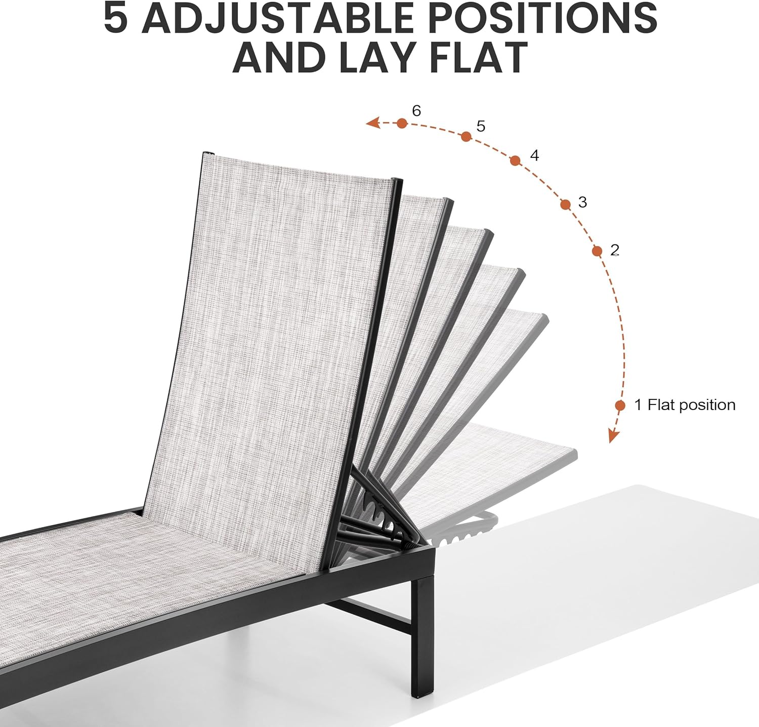 [Color] metal-frame lounge chair with textilene mesh seat and five-position adjustable backrest — detail