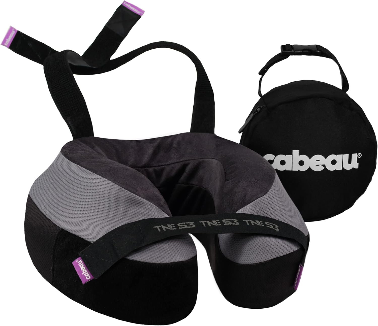Cabeau Travel Neck Pillow for Airplanes - The Neck's Evolution TNE S3 - Supportive Memory Foam Design for Long Haul Flights with Attachable Seat Straps and 360 Support in Berlin Grey