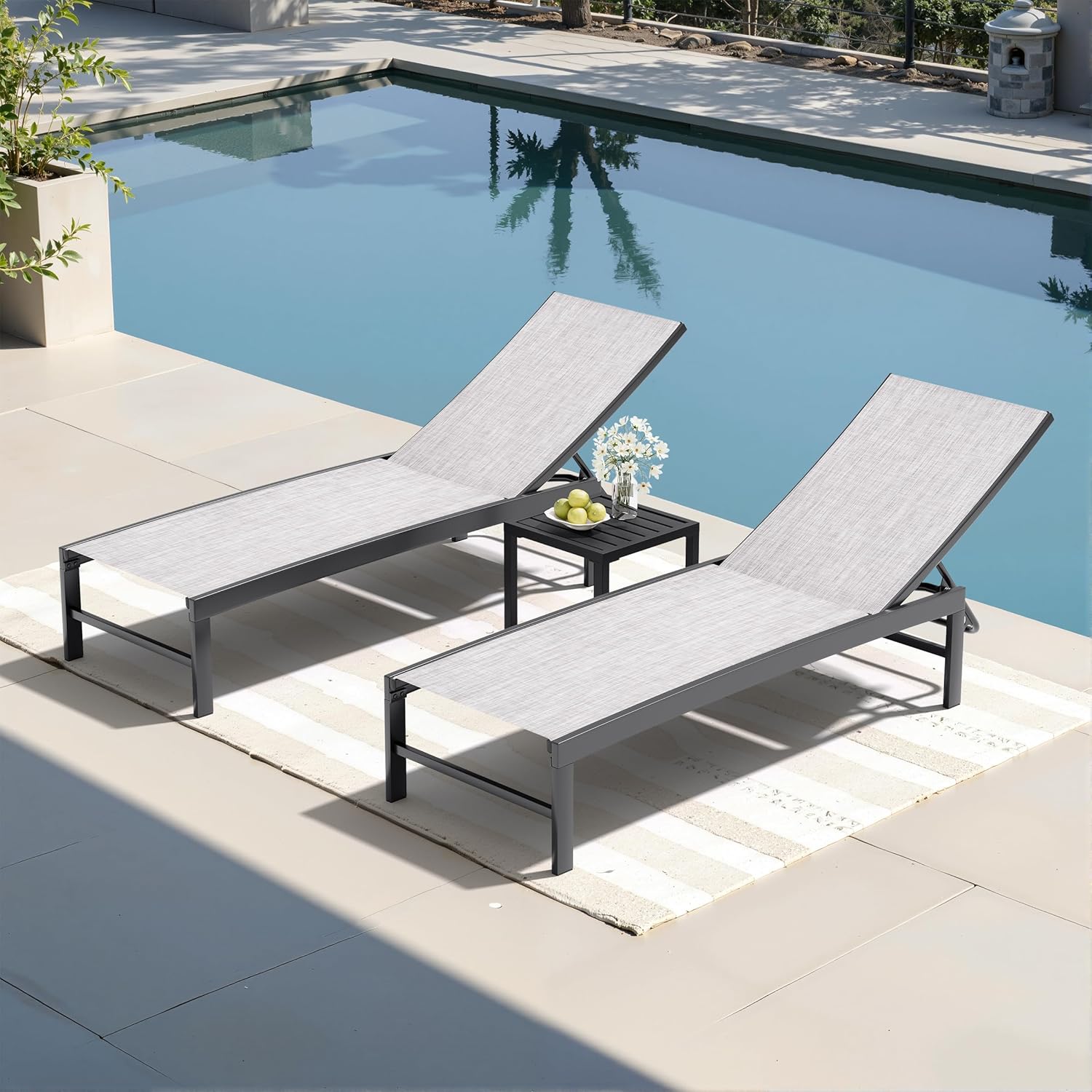 Crestlive Products Outdoor Pool Lounge Chairs Set of 3, Adjustable Five-Position Recliner for Beach, Pool, Patio, Lawn, Yard (Black Grey)