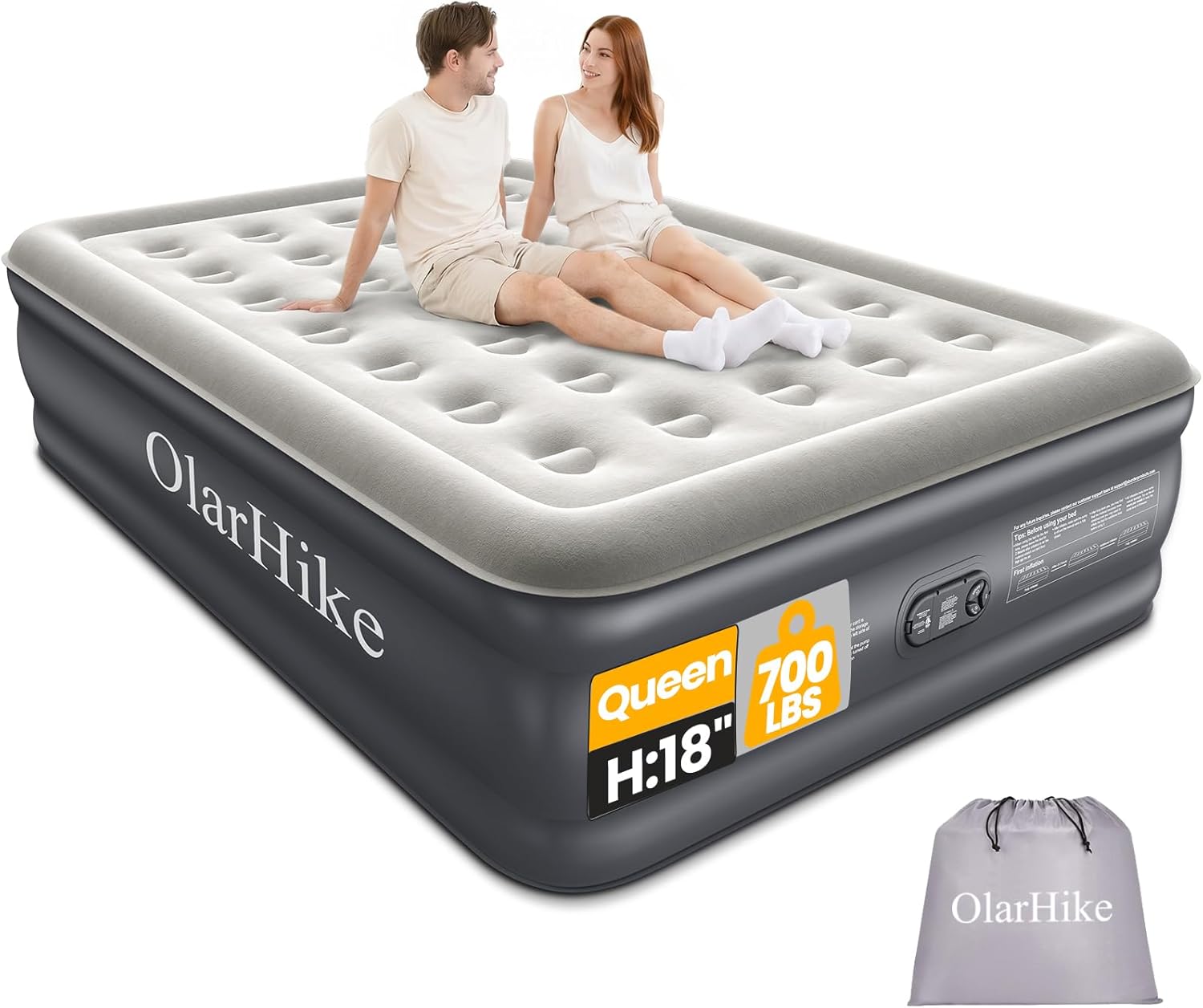 OlarHike Air Mattress Queen with Built in Pump, Inflatable Mattress Blow up Mattress, 18 Colchones Inflables Foldable Air Bed for Guest & Home, Ideal for Camping, 700lbs