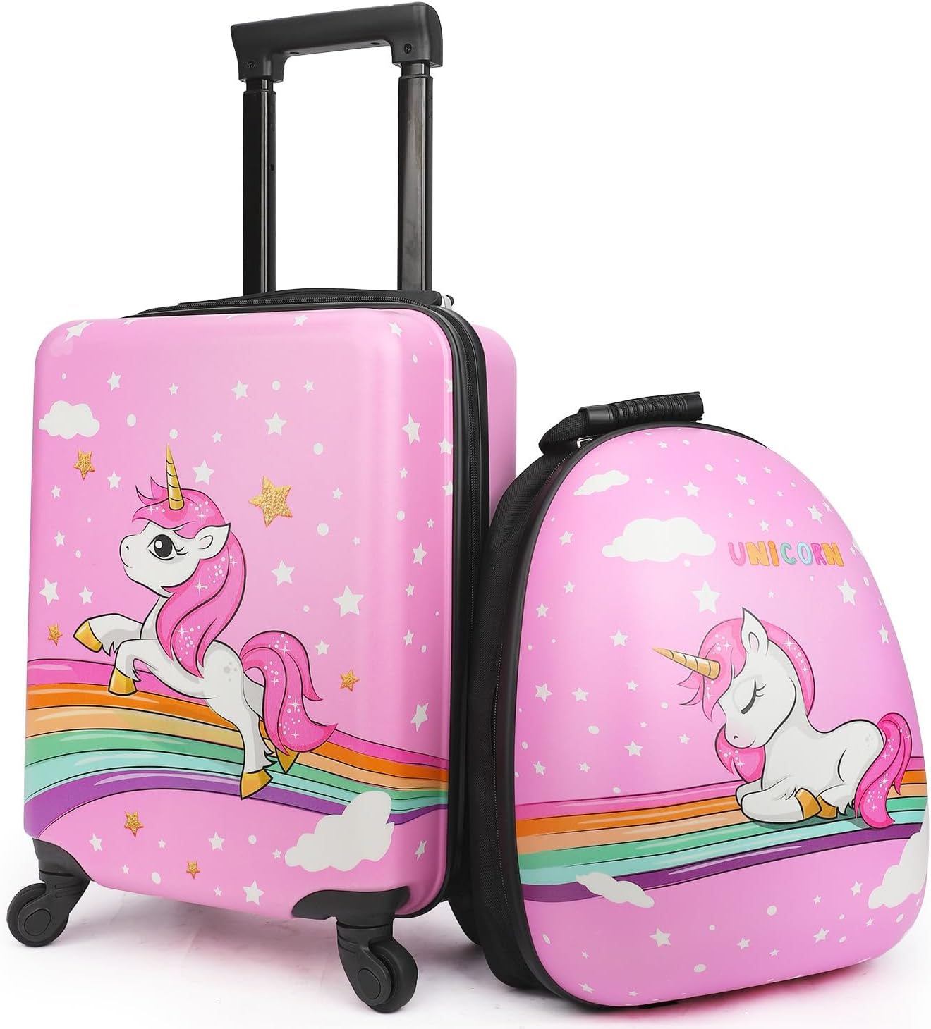 emissary Kids Suitcase for girls, 16 Hardside Unicorn Kids Luggage Set with Spinner Wheels and Backpack, Children Carry on Girls Suitcase Toddler Travel Rolling Luggage Gifts Airline Approved