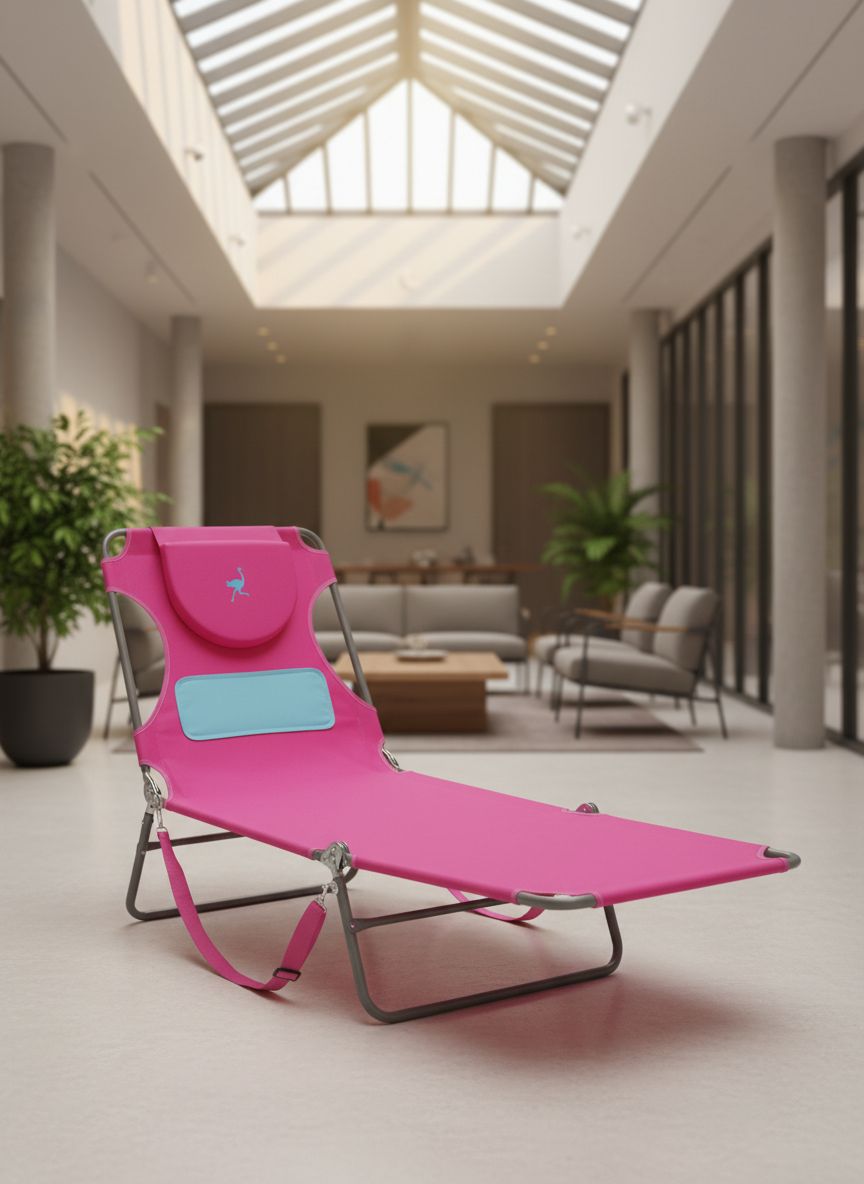 Foldable beach lounge chair in [color] with chest support and steel frame, shown in reclined position — view 1
