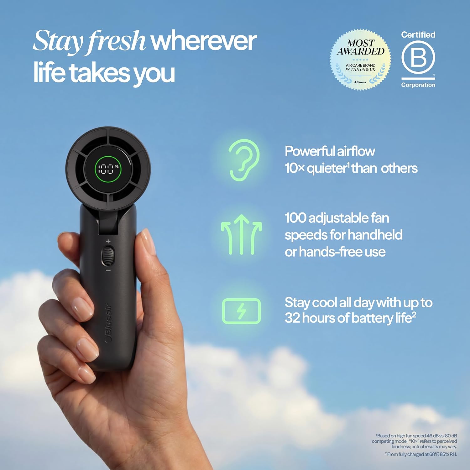 [Color] compact handheld fan with USB-C charging port, showing quiet personal cooling design for travel — view 2