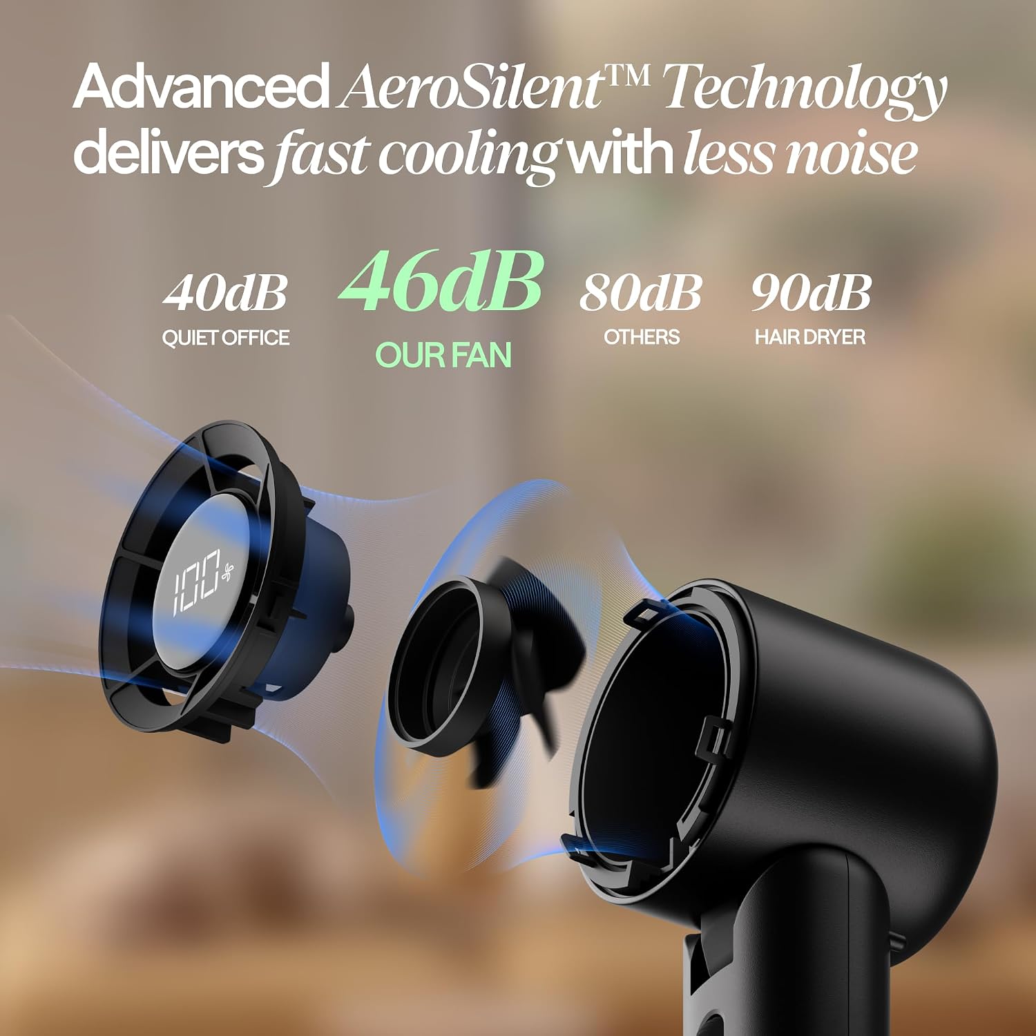 [Color] compact handheld fan with USB-C charging port, showing quiet personal cooling design for travel — view 3